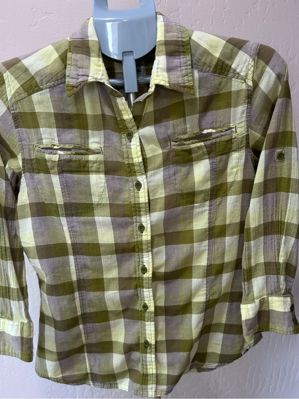 The North Face Olive and Cream Plaid Button-Down Shirt, Size M.